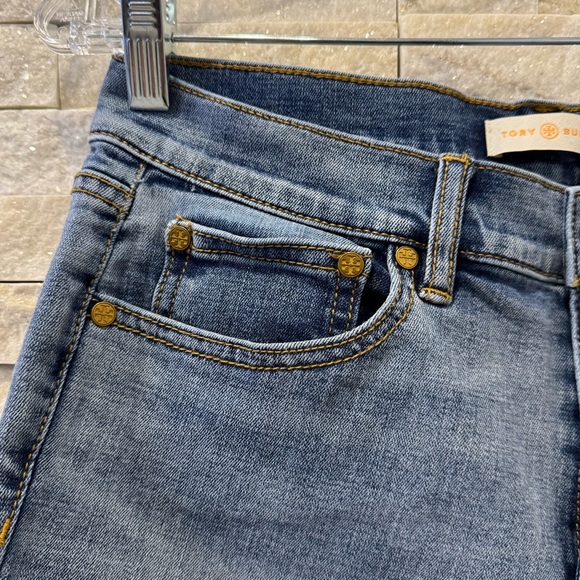 Tory Burch Myers Cropped Ankle Denim Jeans | Fray Hem | Embroidered | Size 28 - Picture 8 of 12